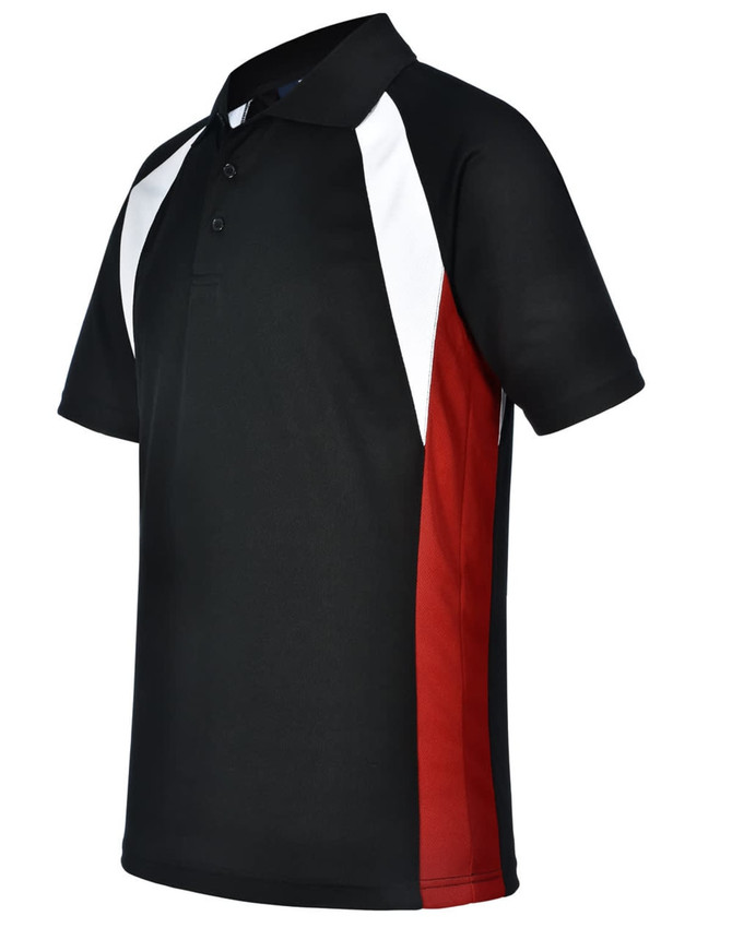 A black polo shirt with white and red accents, featuring a collar and short sleeves. It has a logo on the chest.