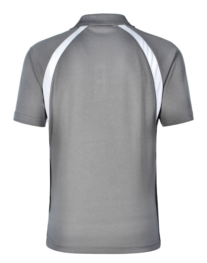 A grey men's tri sport polo shirt with white accents and a logo on the back.