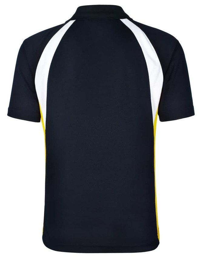 A black and white polo shirt with yellow detailing, featuring a logo on the back.
