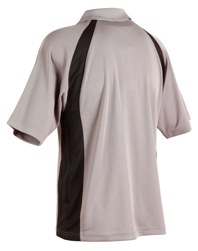A grey and black men's polo shirt featuring a classic design and a logo.