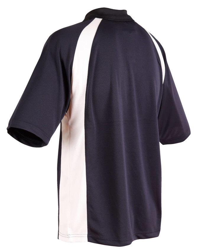 A navy blue polo shirt with white panels on the sides, featuring a collar and short sleeves. It has a logo.