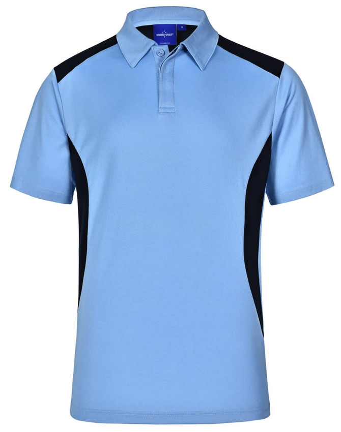 Light blue polo shirt with black side panels and a classic collar. Features a branding logo on the chest.