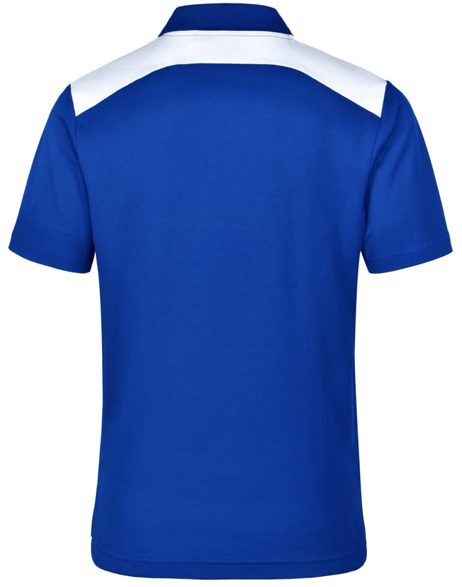 A blue polo shirt with white detailing on the shoulders and a logo on the back.