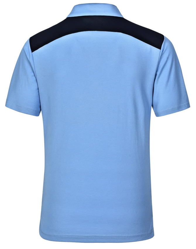 A light blue polo shirt featuring a black back panel and a logo on the chest. Short sleeves and a classic collar design.