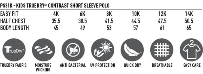 A graphic displaying sizing details for a children's polo shirt, highlighting features like moisture-wicking and UV protection.