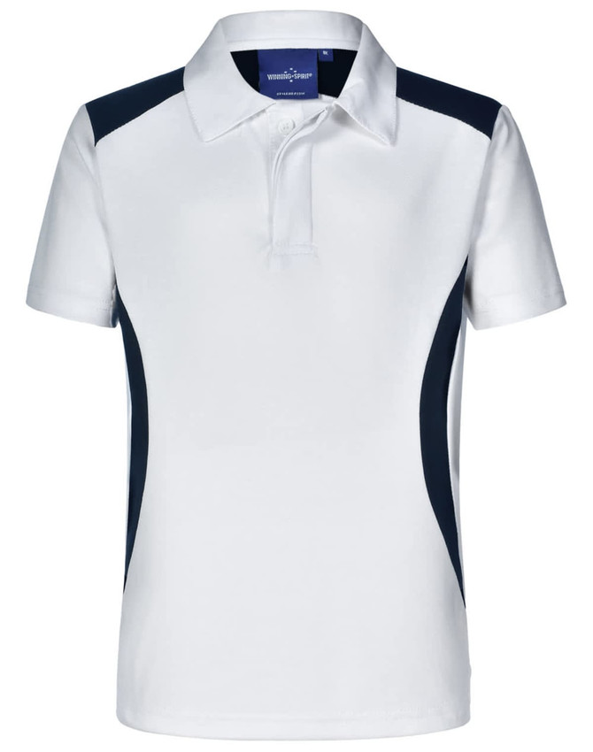 A white polo shirt featuring navy side panels and a collar. It has a branding logo on the neckline.