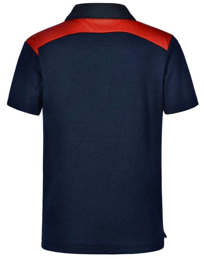A navy polo shirt with a red shoulder design and a logo on the back. Suitable for children's wear.