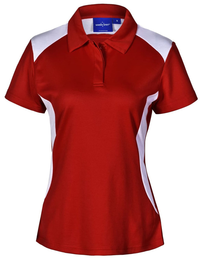 A red polo shirt with white side panels and a collar. It features a zippered neckline and includes a logo.