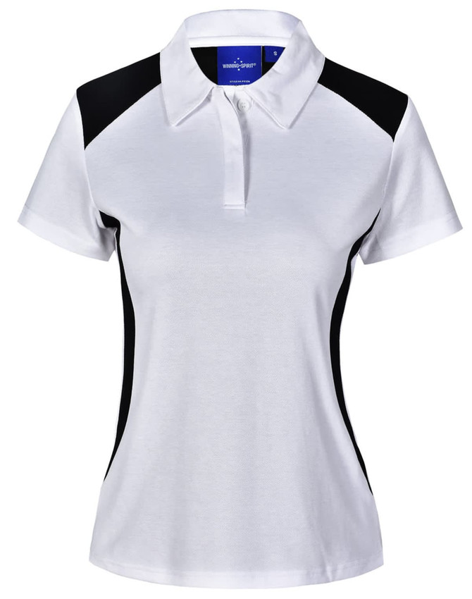 A white ladies' polo shirt with black side panels and a collar, featuring a logo on the chest.