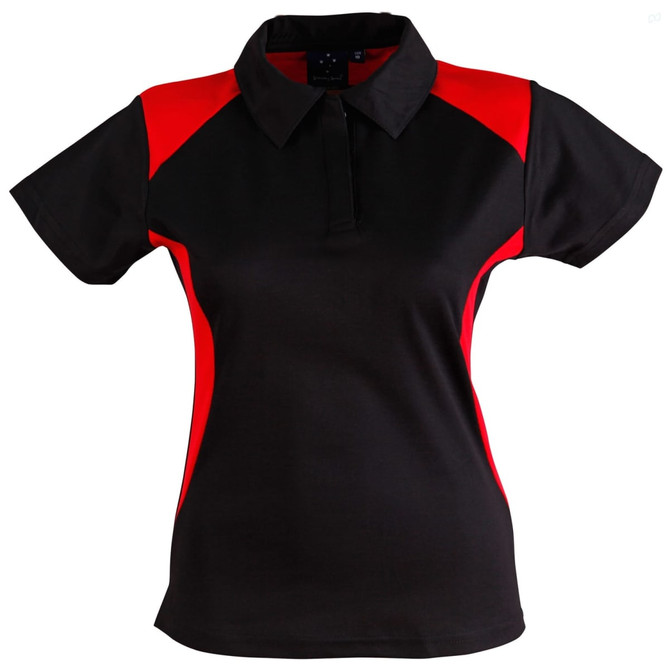 A black polo shirt with red accents, featuring a collar and short sleeves. It includes a logo on the chest.