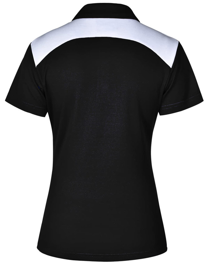 A black ladies' polo shirt with a white accent on the shoulders and a logo on the back.