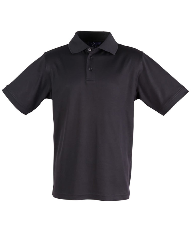 A black men's polo shirt featuring a collar, short sleeves, and a button placket. It has a logo on it.