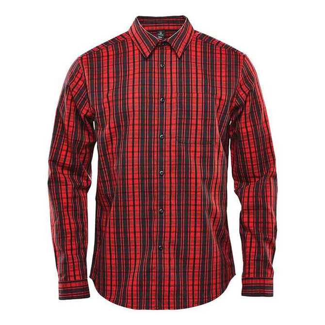 A red and black check patterned long sleeve button-up shirt with a collar and a logo on the chest.