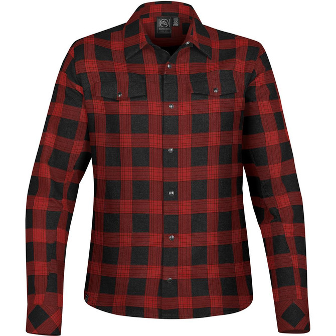 A red and black plaid button-up shirt with snap front and two chest pockets, featuring a brand logo.