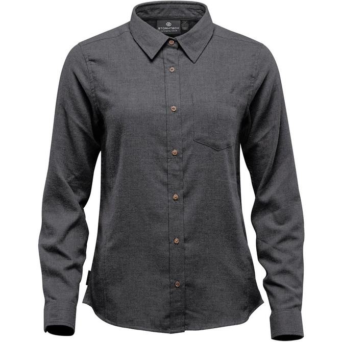 A women's button-up shirt in charcoal grey featuring long sleeves and a chest pocket, with a branded label.