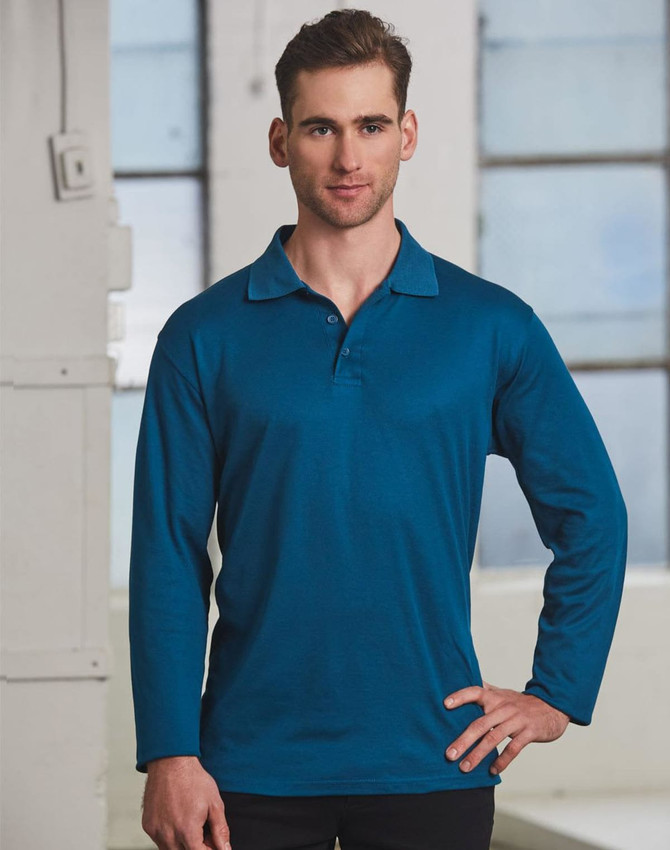 A long sleeve polo shirt in a rich teal colour, featuring a collar and a logo.