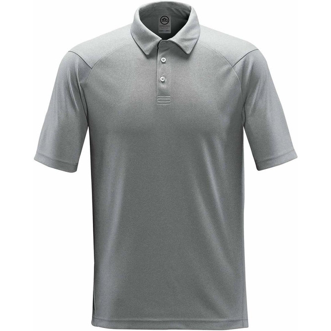 A grey heathered polo shirt with a buttoned collar and shoulder panel design, featuring a logo.