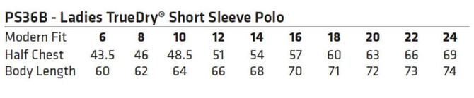 A size chart for the Ladies' TrueDry® Short Sleeve Polo, displaying measurements for various sizes.