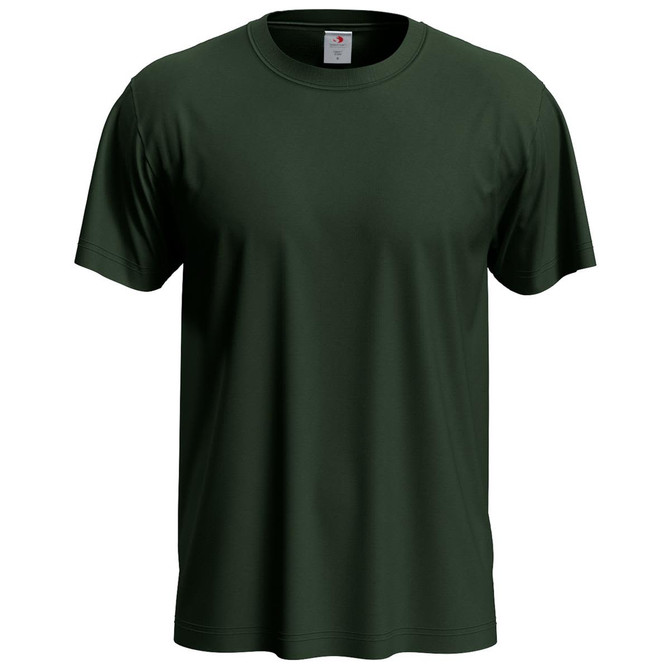 A dark green men's classic T-shirt with short sleeves and a round neckline, featuring a branded tag.