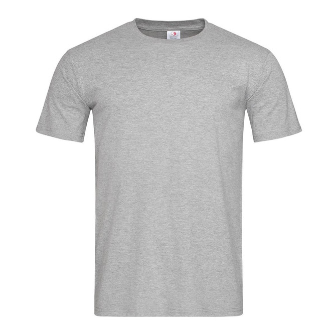 A grey fitted t-shirt with short sleeves and a label at the neckline. It has a logo on the front.