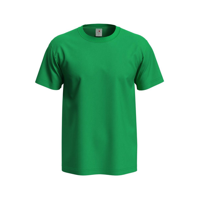 A vibrant green heavyweight crew neck t-shirt with short sleeves and a logo on the label.