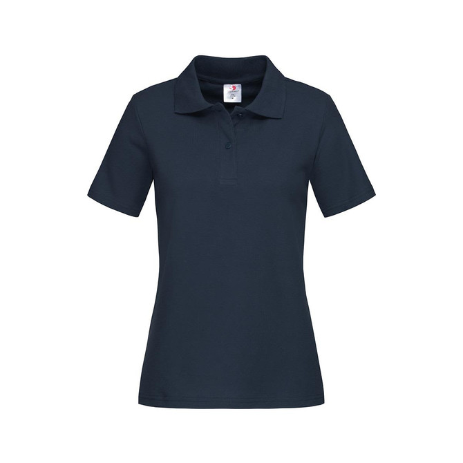 A navy women's heavyweight polo shirt with a collar and short sleeves, featuring a logo.