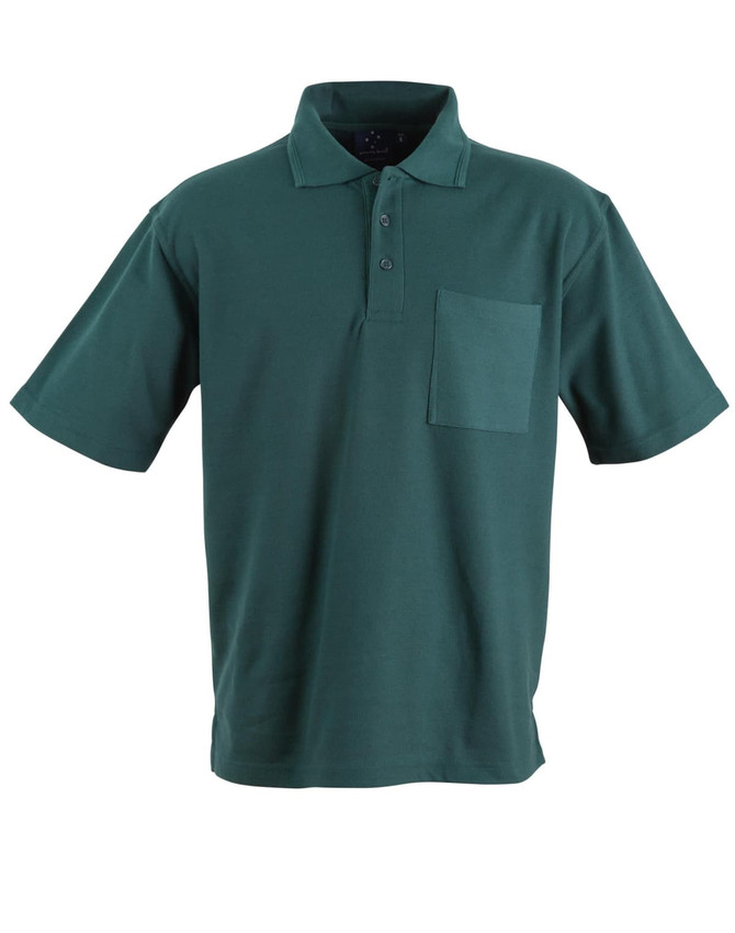 A green pocket short sleeve polo shirt with a four-button placket and a chest pocket. It has a logo on the front.