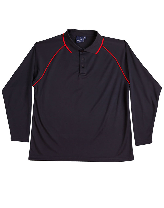 A long-sleeve black polo shirt with red detailing and a collar. It features a logo on the chest area.