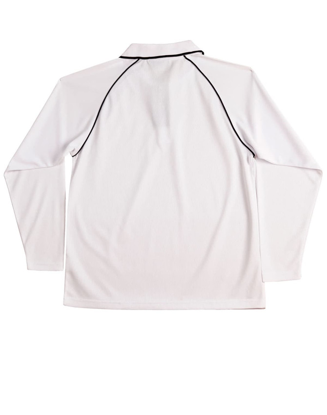 A white long-sleeve polo shirt with raglan sleeves, featuring black piping and a logo on the back.