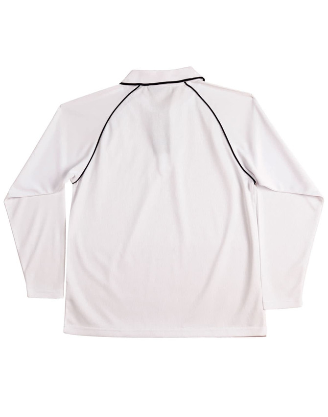 A long-sleeve polo shirt in white with contrasting black piping and a logo on the back.