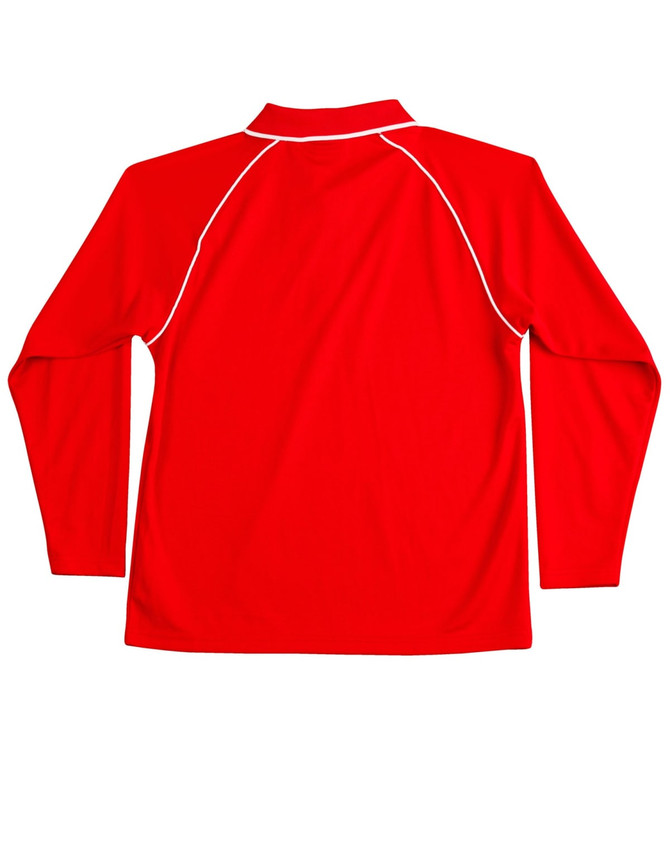 A red long-sleeve polo shirt with a raglan design and contrasting white piping. It has a branded logo.