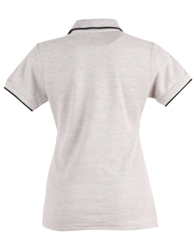 A light grey polo shirt with a black collar and cuff trim, featuring a logo on the chest.