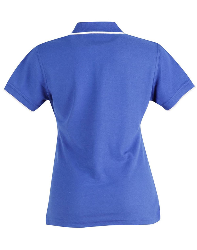 A blue polo shirt with a classic collar and short sleeves, featuring a logo on the front.