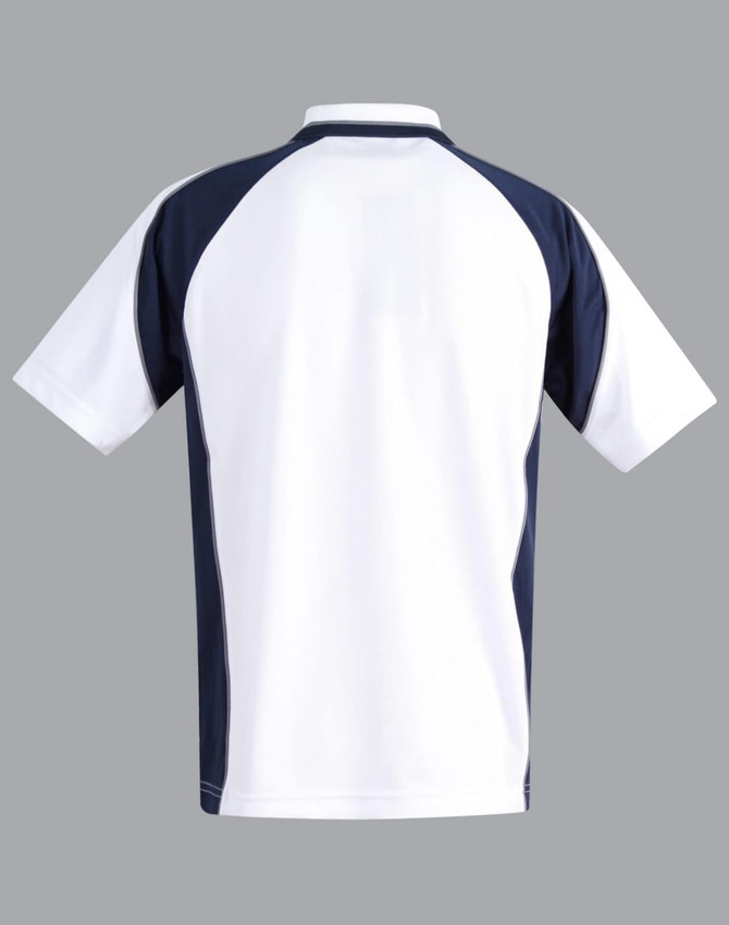 A polo shirt featuring a white body with navy sleeves and back, and a branding logo on the upper back.