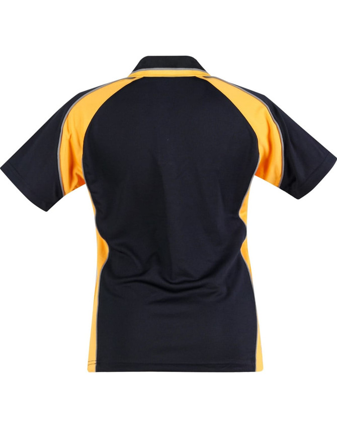 A navy and gold ladies' polo shirt with a sporty design and a prominent logo on the back.
