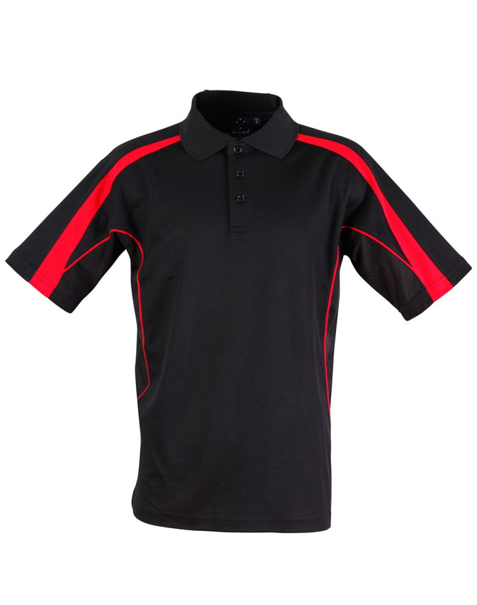 A black polo shirt with red accents and a collar, featuring short sleeves and a logo.
