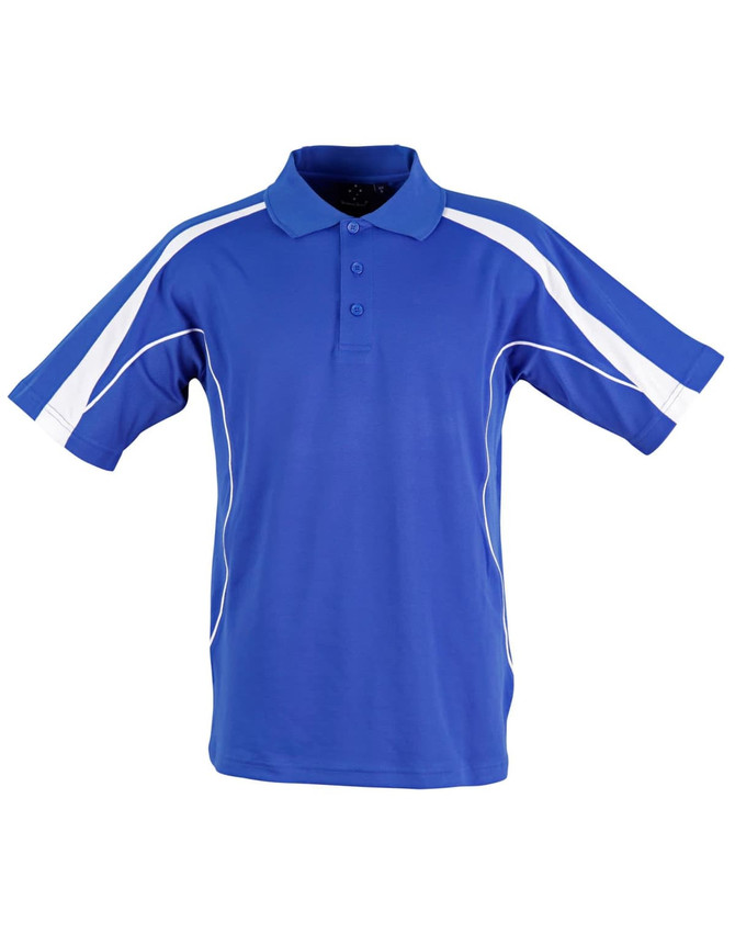 A blue polo shirt featuring white detailing and a logo, designed with a short sleeve style.