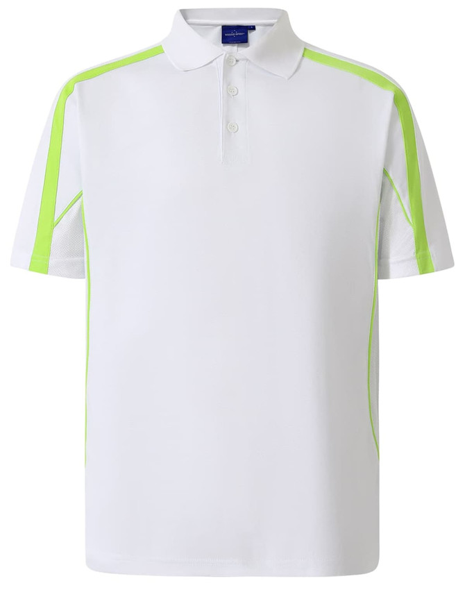 A white polo shirt with light green details and a logo on the chest. Short sleeves and classic collar design.