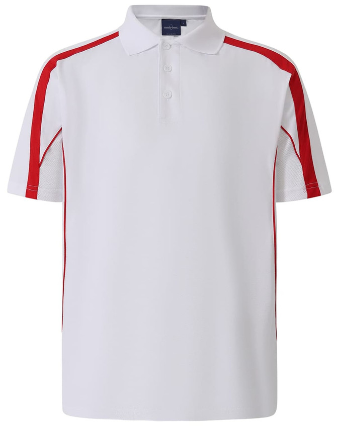 A white polo shirt with red accents and a collar, featuring a logo on the chest.