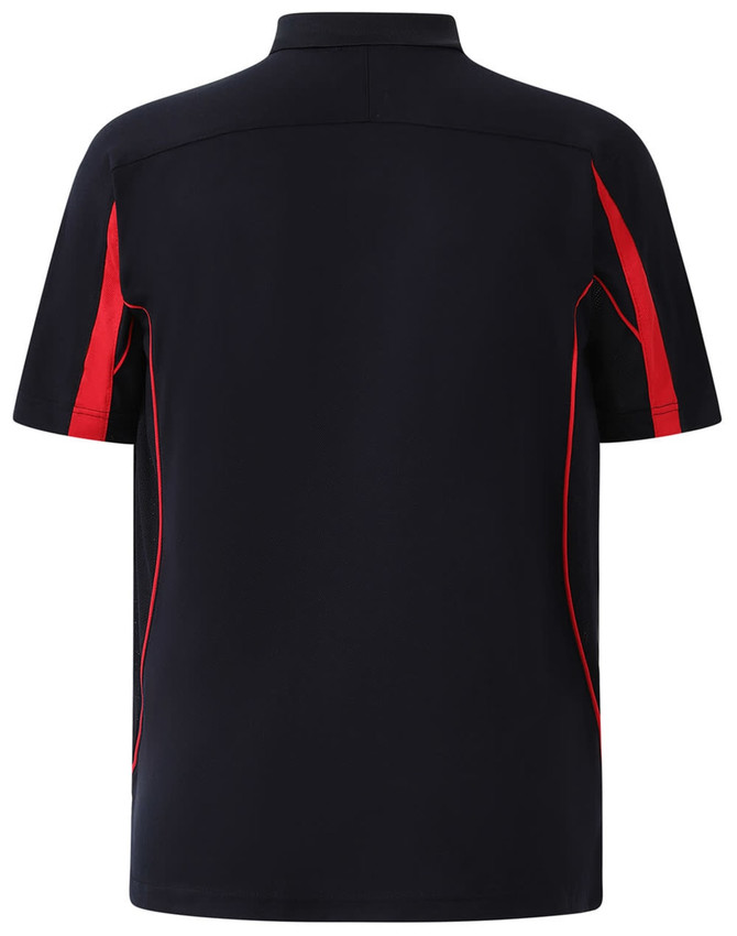 A navy blue polo shirt with red accents and a logo on the back. Short sleeves and a sporty design.
