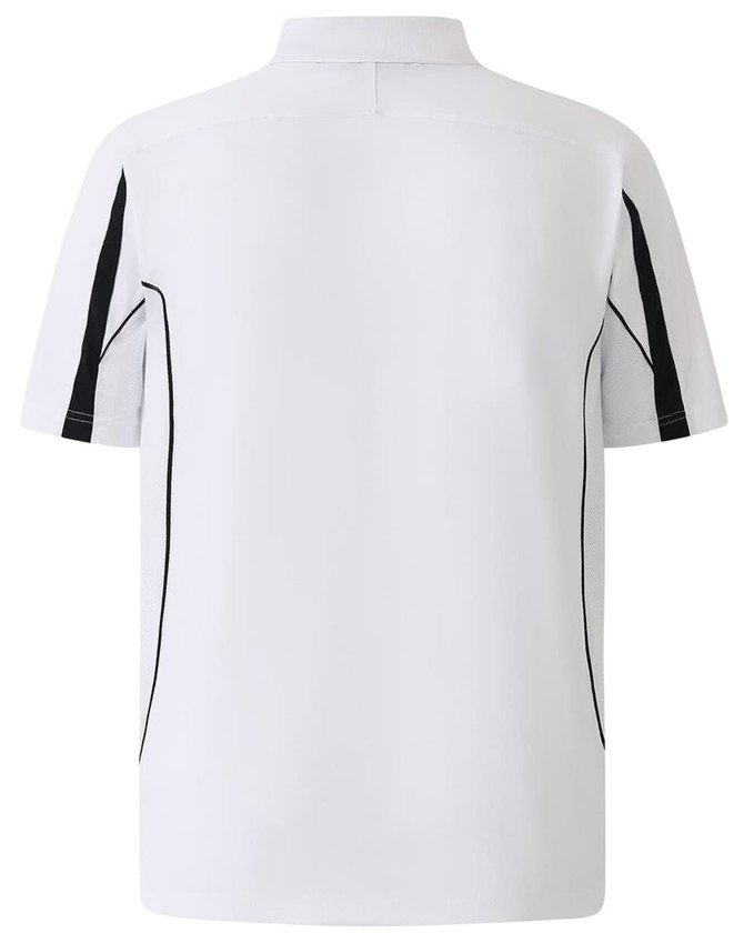 A white short sleeve polo shirt featuring navy detailing and a logo. The back displays a sporty design.
