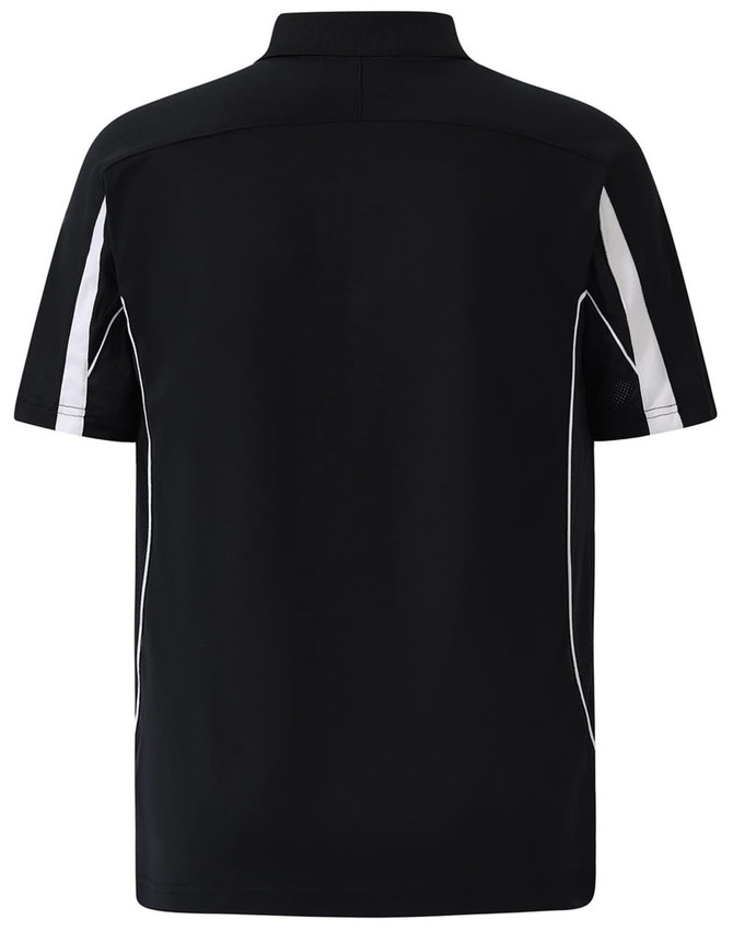 A black polo shirt with white detailing and a logo on the collar. The shirt features a short sleeve design.