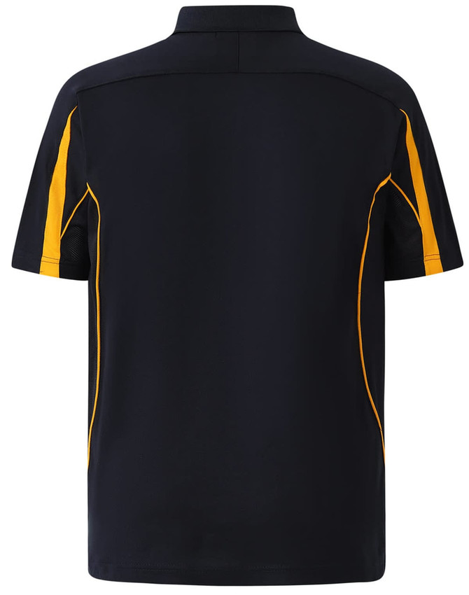 A navy blue polo shirt with yellow accents, featuring a collar and short sleeves. It has a logo on it.