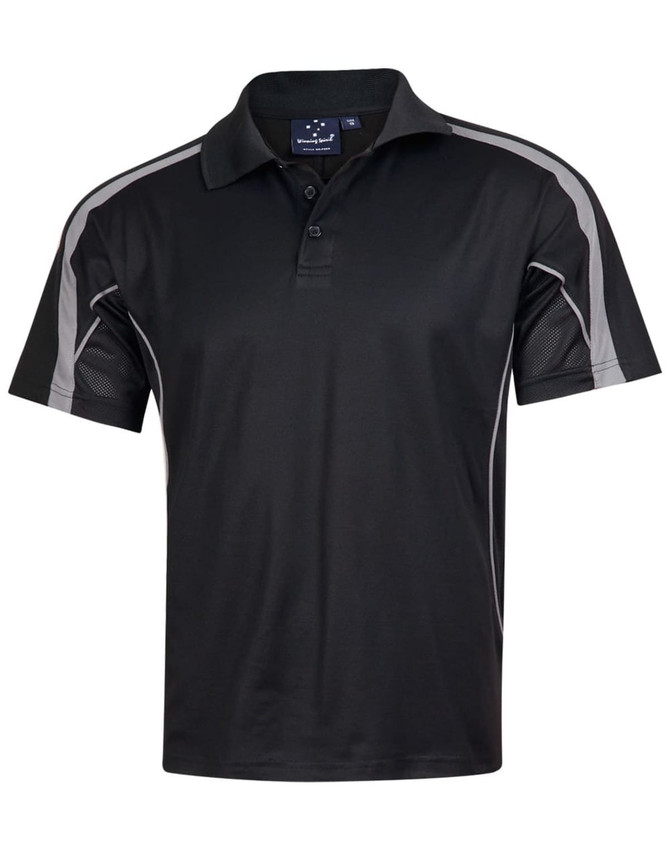 A black polo shirt featuring grey accents, with a classic collar and short sleeves, and a logo on the chest.