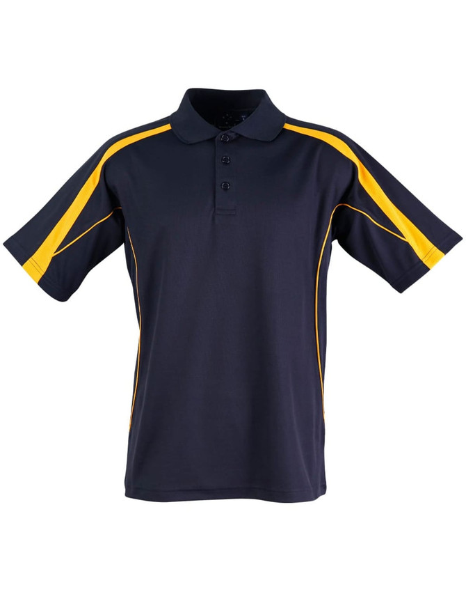 A short sleeve polo shirt in navy and yellow, featuring a logo on the chest.