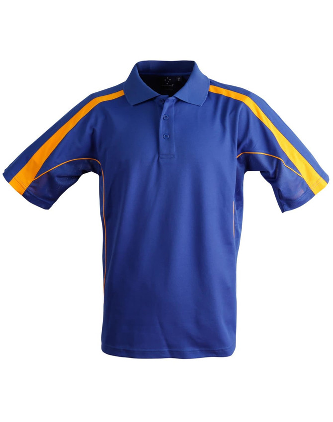 A blue polo shirt with orange and yellow accents; features a collar and a logo on the chest.