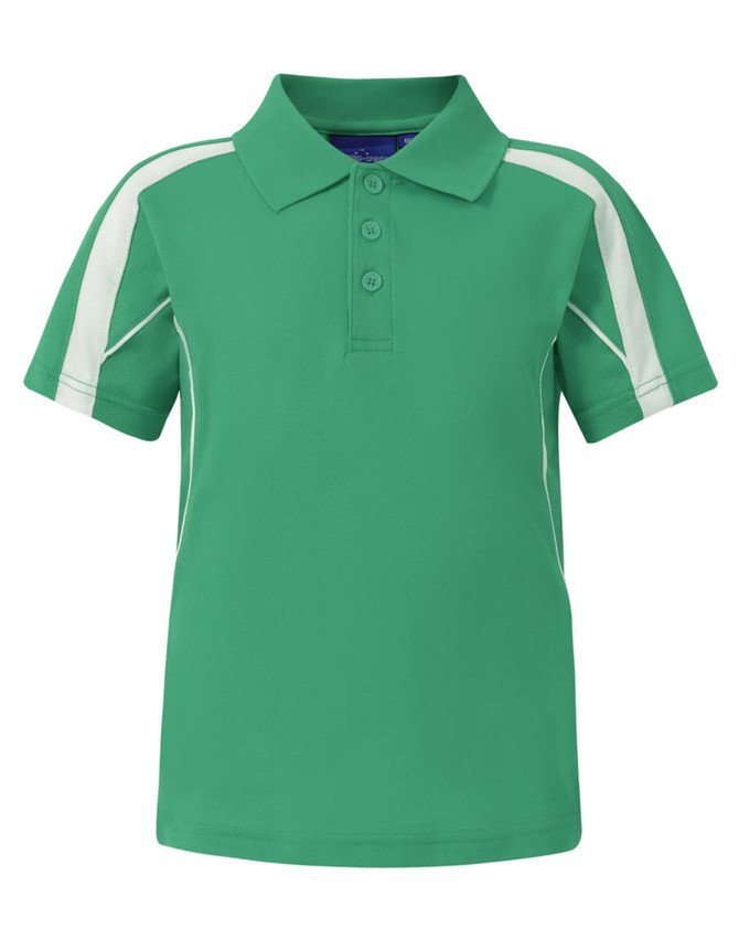 A green kids' short-sleeve polo shirt with white accents and a collar, featuring a logo on the chest.