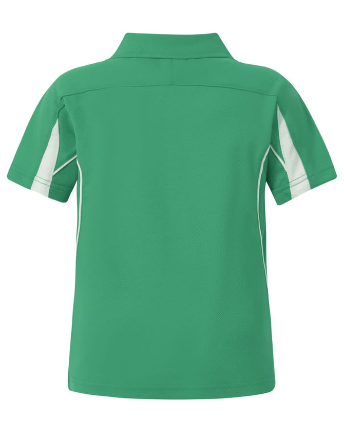 A green polo shirt for kids with white accents, featuring a collar and short sleeves. Includes a logo.