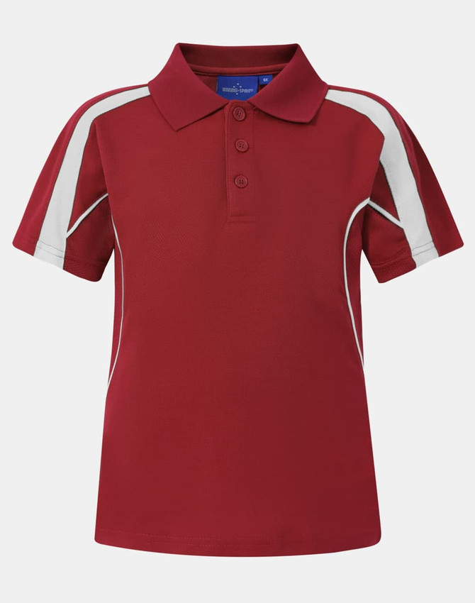 A red polo shirt featuring white accent panels and a classic collar, with three buttons at the front.