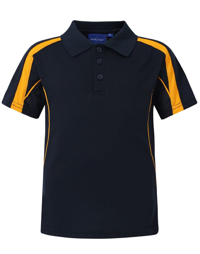 A navy blue polo shirt with yellow accents and a mesh detail on the sides. It features a collar and three buttons.